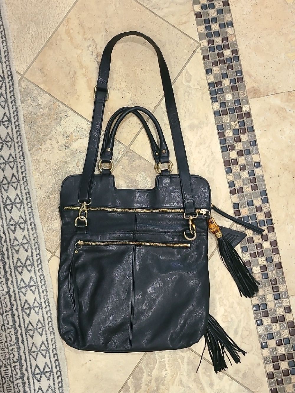 Sorial New York Black Leather Tote Bag with Tassel Accents - Picture 5 of 11